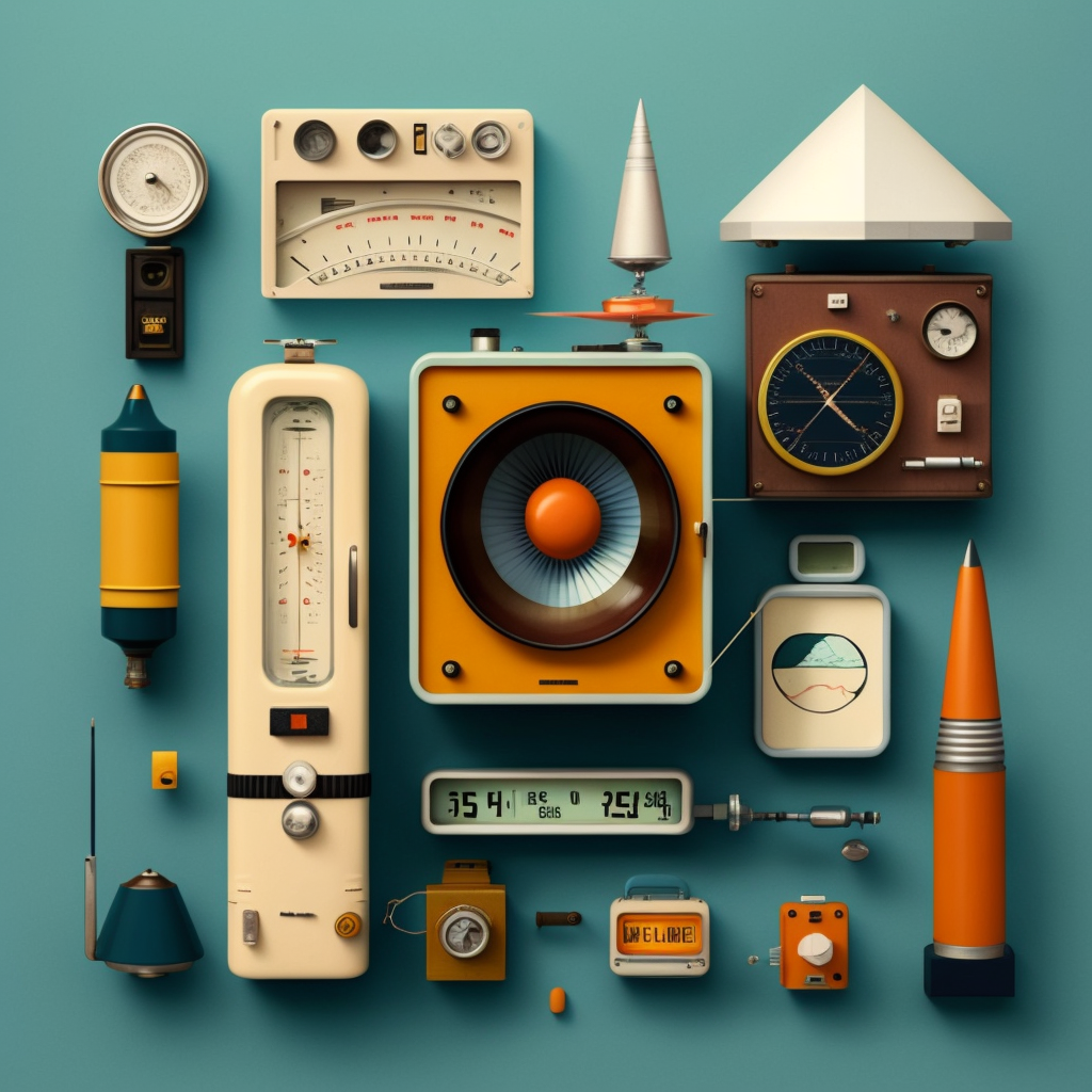 Midjourney prompt: "a digital collage of measurement devices, telescopes,
thermometer, gauges, in the style of Wes
Anderson"