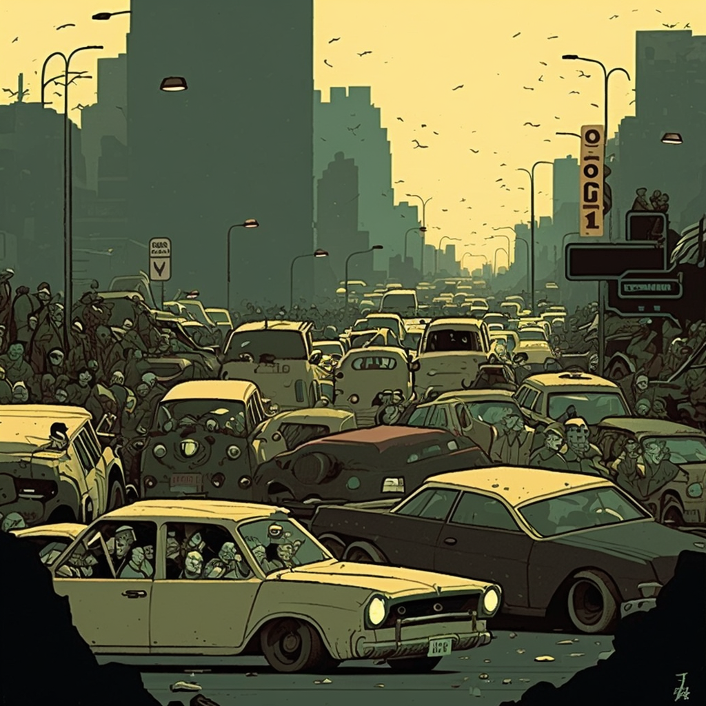 Midjourney prompt: "crowded traffic jam, lots of cars and broken machines,
in the style of Mike
Mignola"