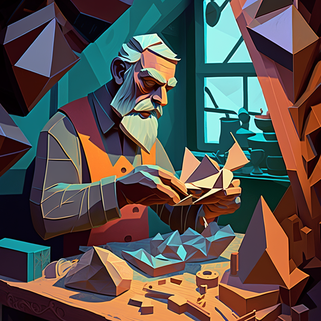Midjourney prompt: painting of a craftsman building an ornate origami
sculpture. In the style of Pablo Picasso's Cubist
still-lifes.